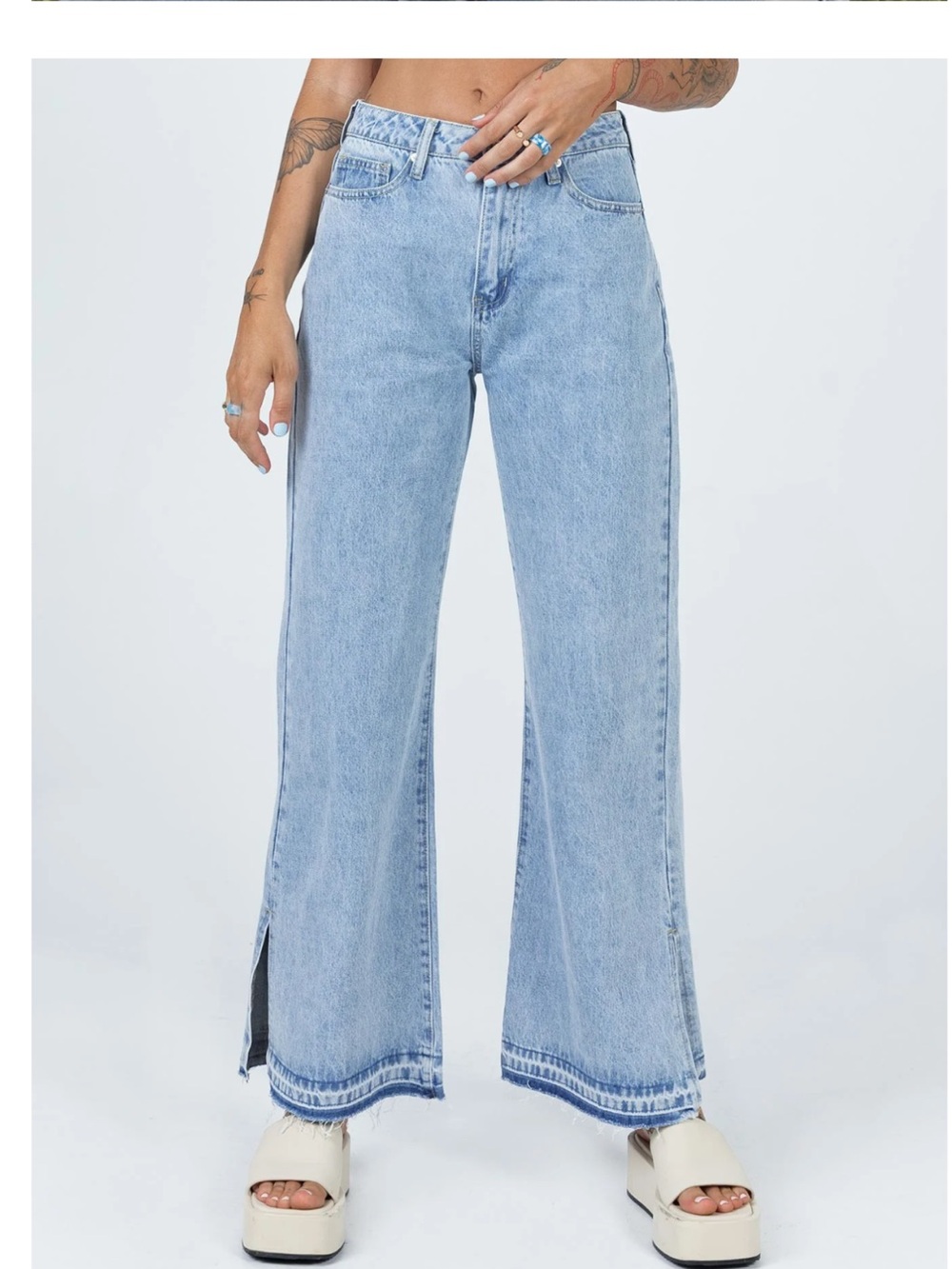 Princess Polly Light Wash Wide Leg Womens Jeans with Side Slit